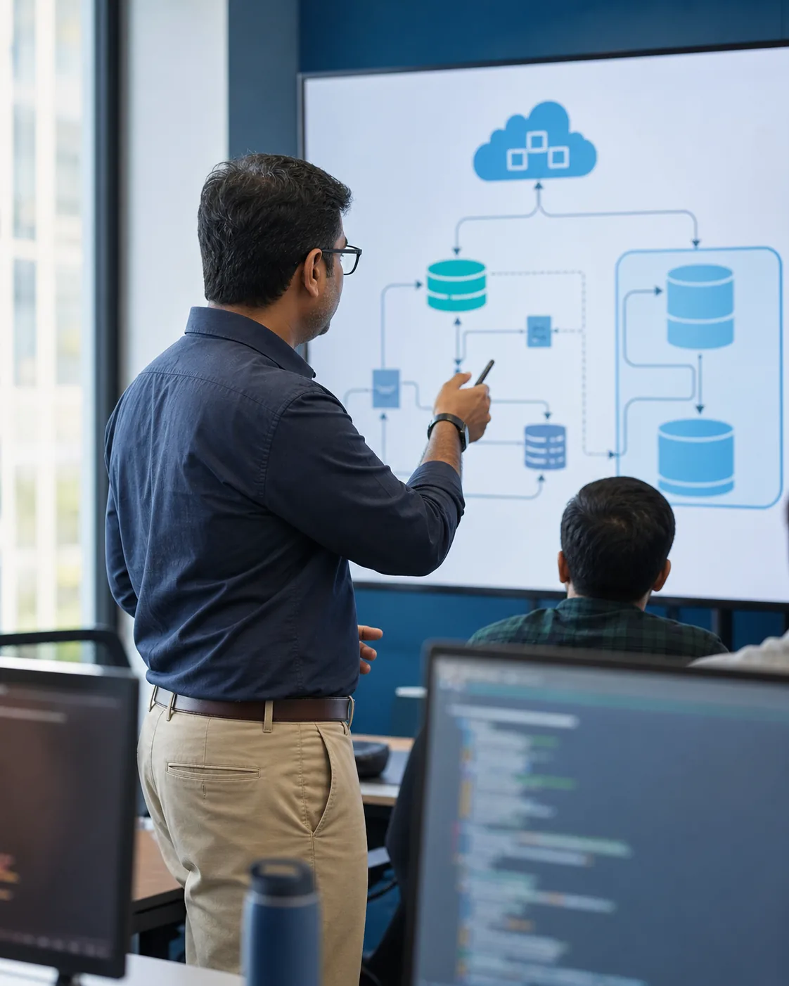 Data engineering mentor explaining a cloud data architecture in class